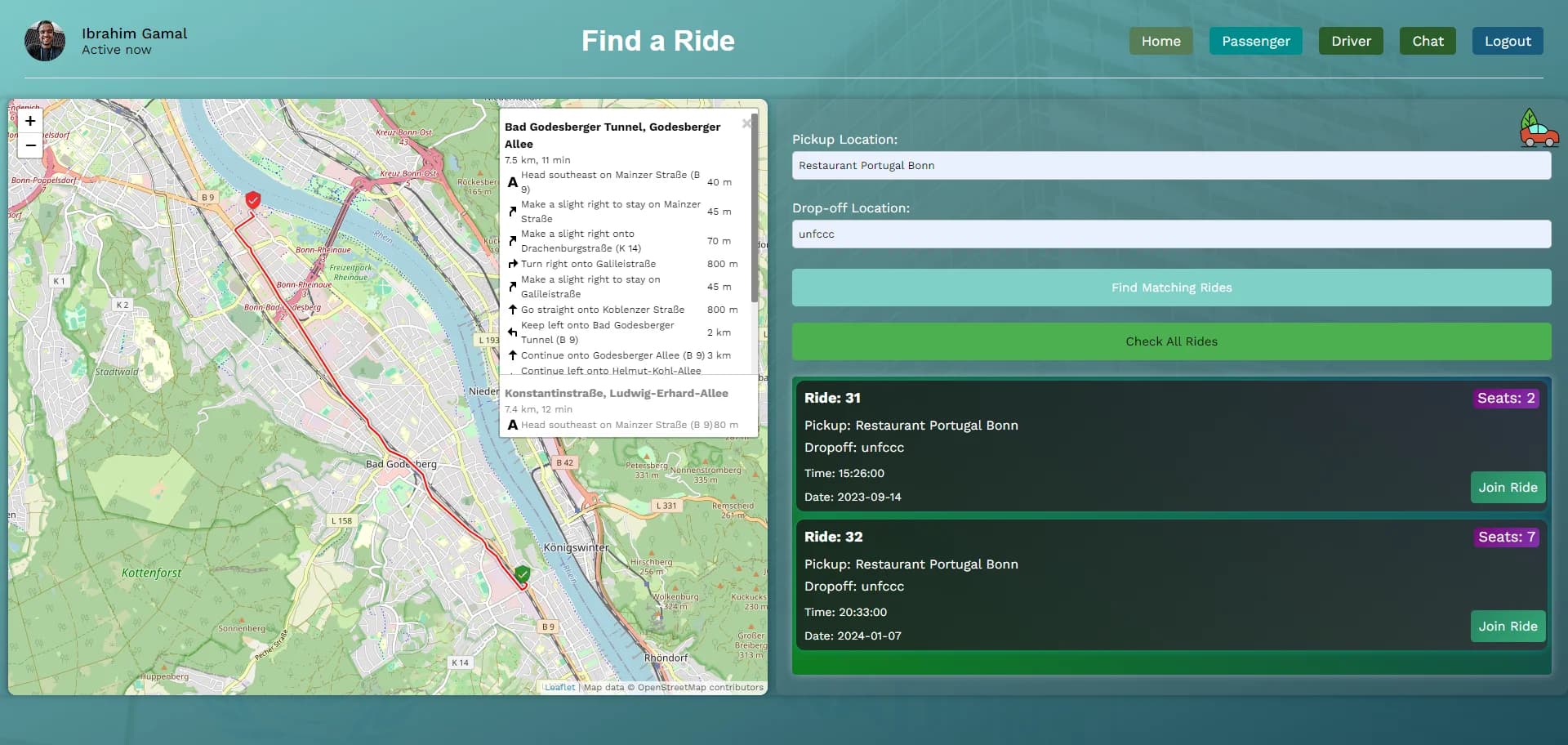 UNFCCC carpooling platform map and interface screenshot