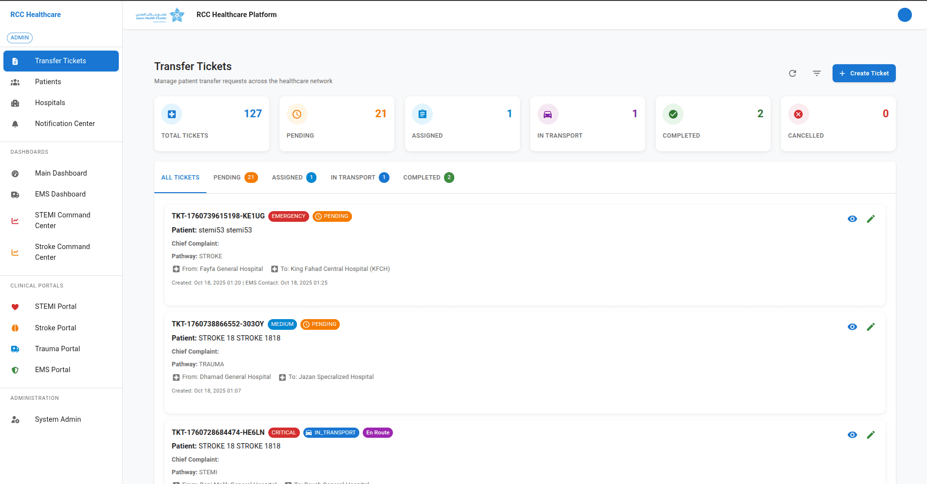 Transfer ticket operations board with status-based triage