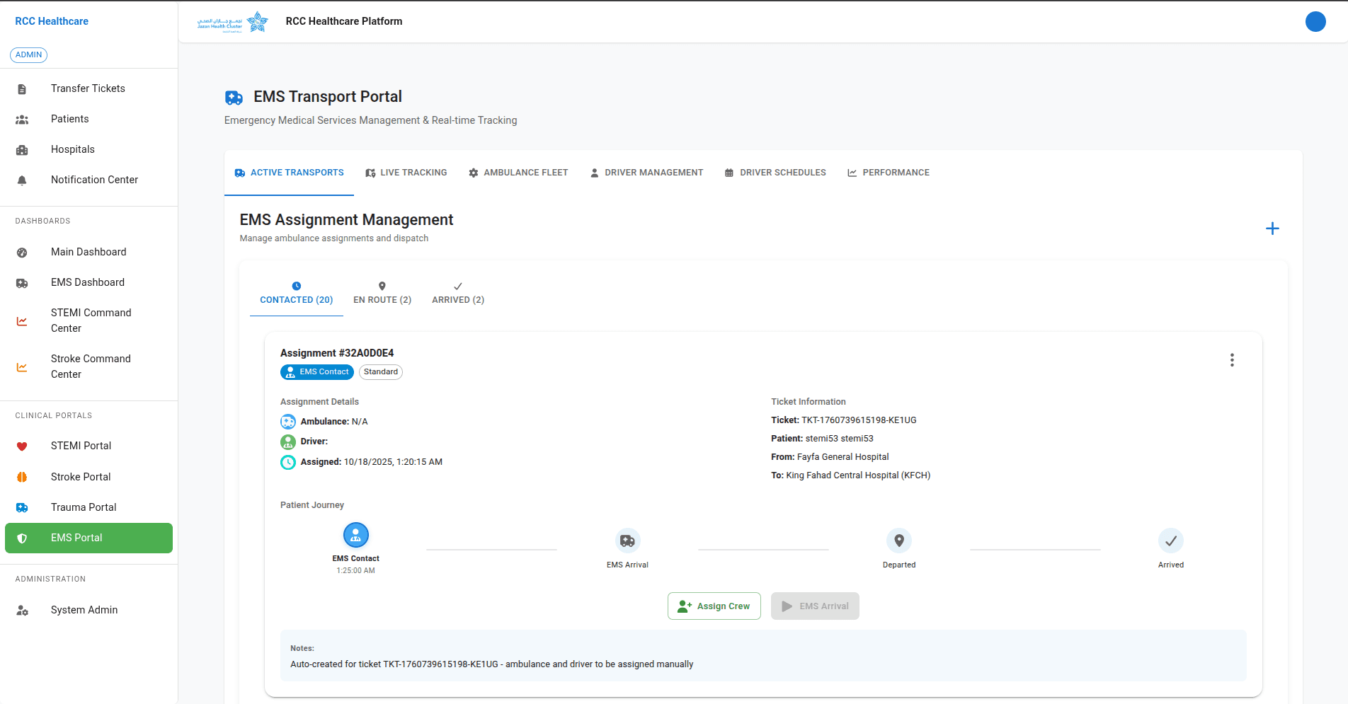 EMS transport portal used for dispatch and live journey status