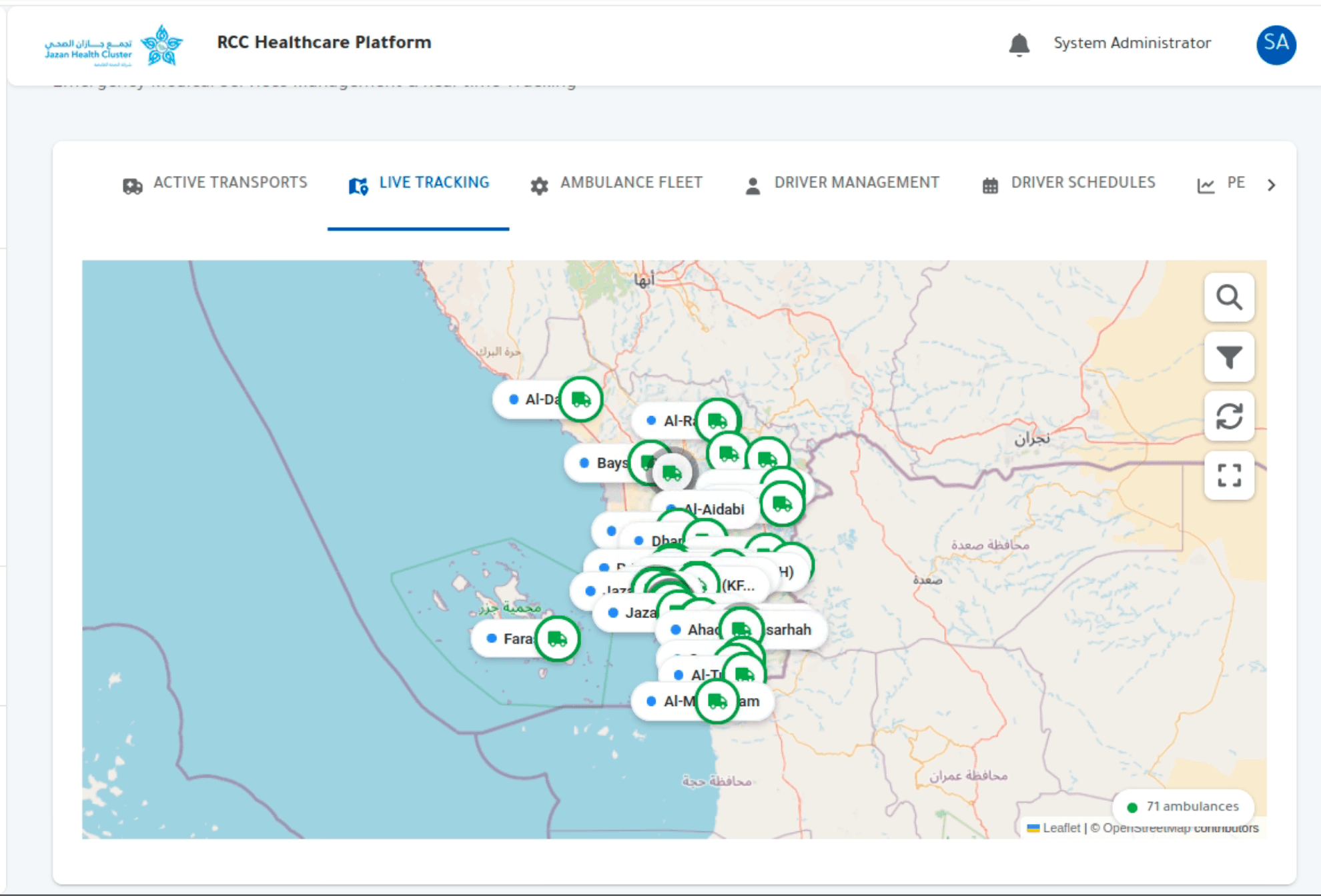 RCC live tracking map showing active ambulance fleet in Jazan